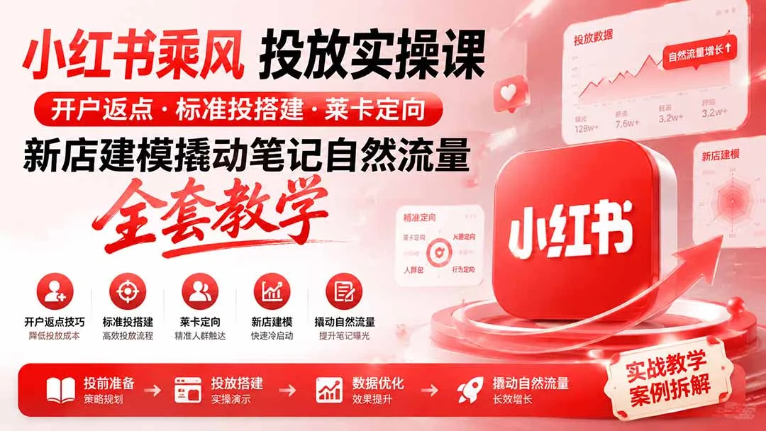 小红书乘风投放-100分钟实操课|开户返点·标准投搭建·莱卡定向,新店建模撬动笔记自然流量全套教学-续财库