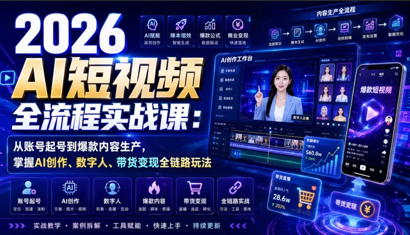 2026 AI短视频全流程实战课：从账号起号到爆款内容生产，掌握AI创作、数字人、带货变现全链路玩法-续财库