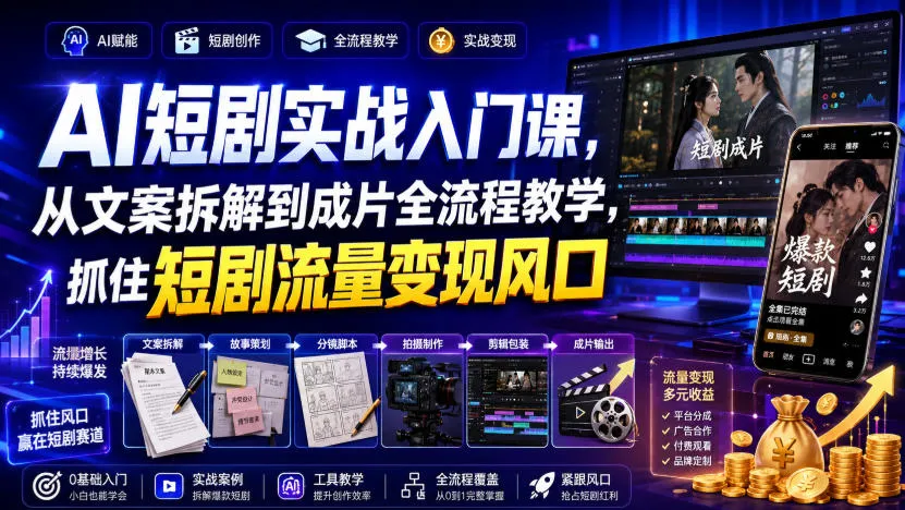 AI短剧实战入门课，从文案拆解到成片全流程教学，抓住短剧流量变现风口-续财库