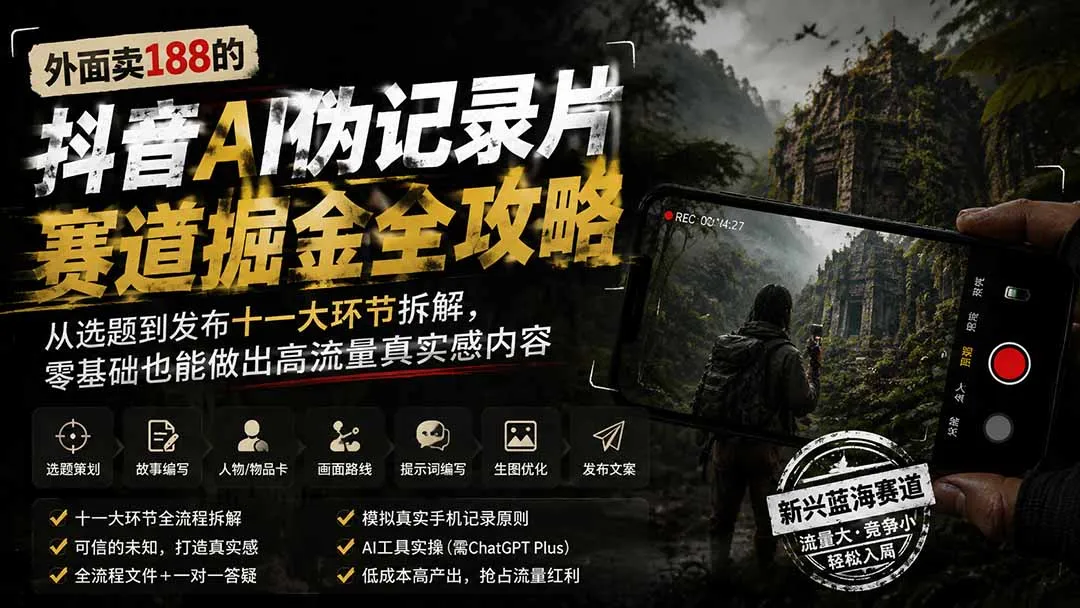 外面卖188的抖音AI伪记录片赛道掘金全攻略；从选题到发布十一大环节拆解，零基础也能做出高流量真实感内容-续财库