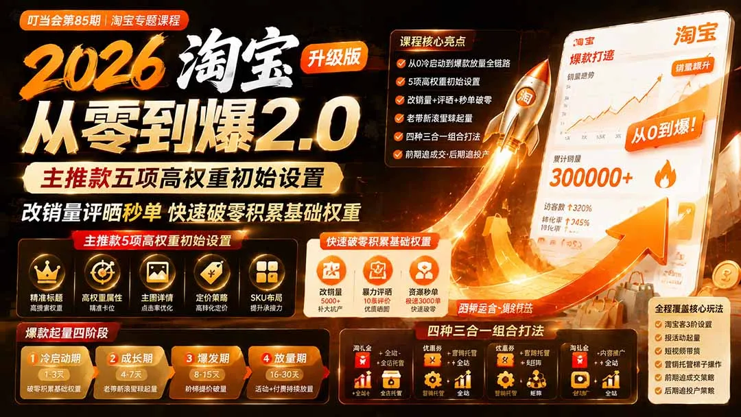 2026淘宝从零到爆2.0第85期；主推款五项高权重初始设置，改销量评晒秒单快速破零积累基础权重-续财库