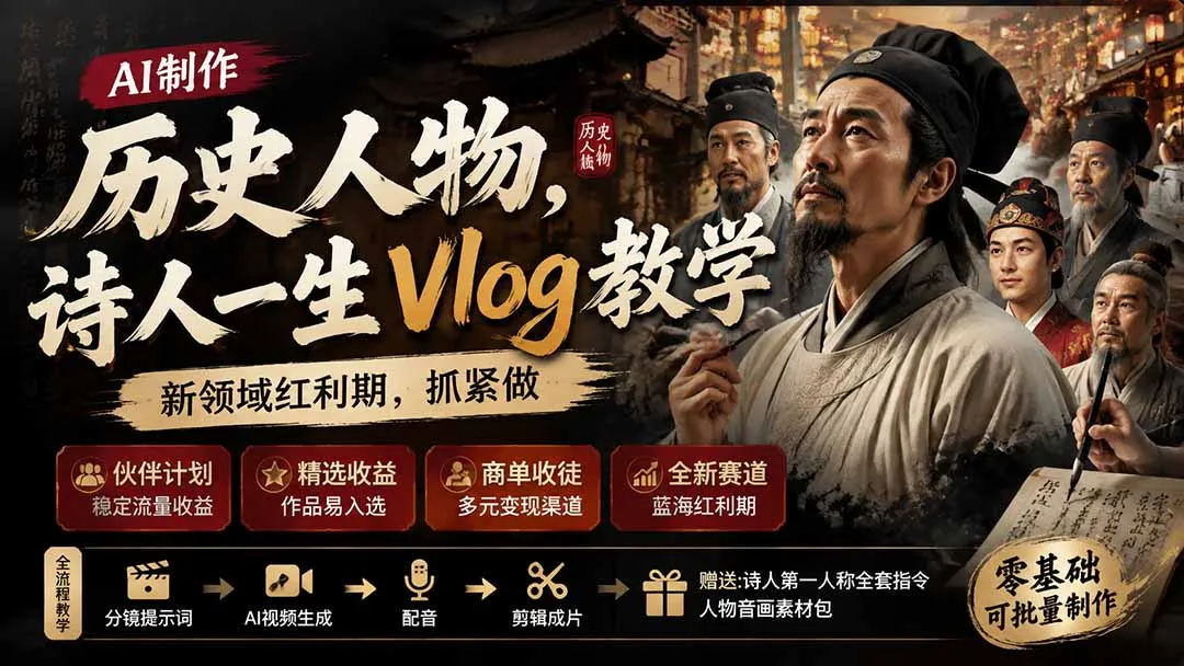 历史人物,诗人一生Vlog教学, AI制作丨伙伴计划丨精选收益丨商单收徒 ,新领域红利期,抓紧做-续财库