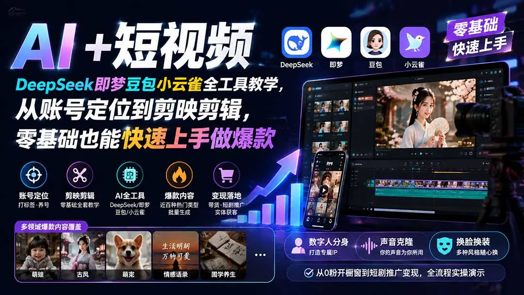 AI+短视频|DeepSeek即梦豆包小云雀全工具教学,从账号定位到剪映剪辑,零基础也能快速上手做爆款-续财库