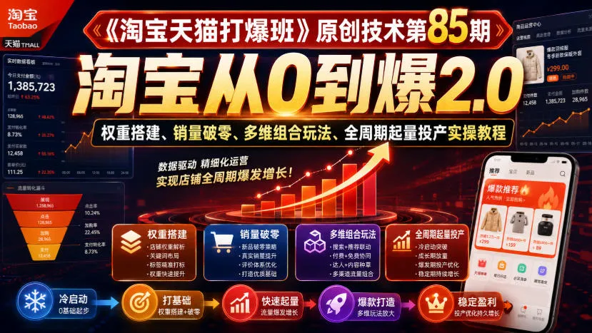 《淘宝天猫打爆班》原创技术第85期，淘宝从0到爆2.0，权重搭建、销量破零、多维组合玩法、全周期起量投产实操教程-续财库