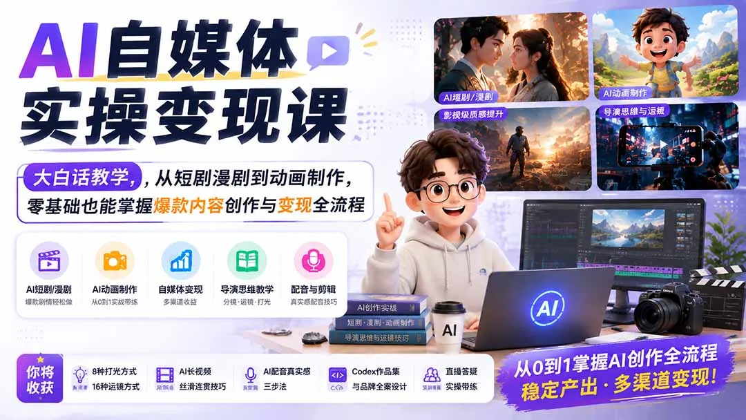 AI自媒体实操变现课|大白话教学,从短剧漫剧到动画制作,零基础也能掌握爆款内容创作与变现全流程-续财库