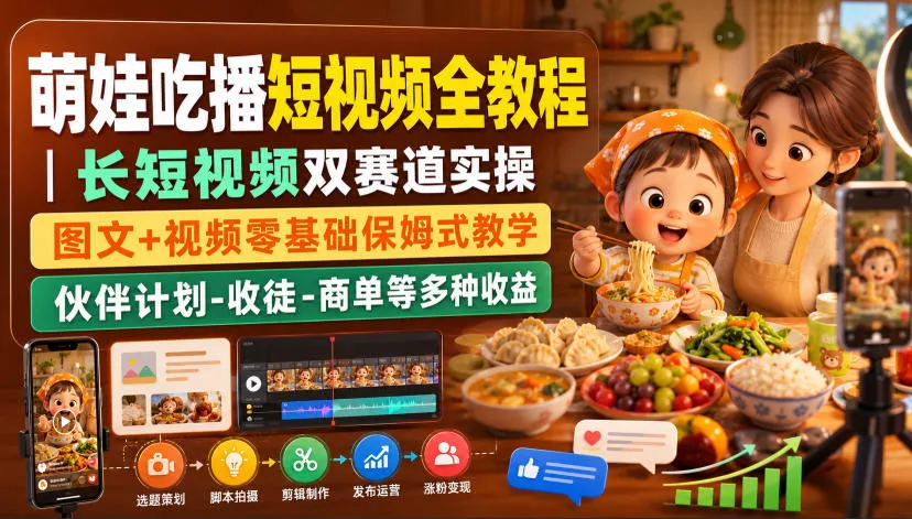 萌娃吃播短视频全教程|长短视频双赛道实操,图文+视频零基础保姆式教学,伙伴计划-收徒-商单等多种变现方式-续财库