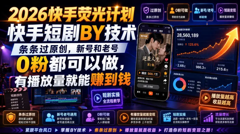 2026快手荧光计划,快手短剧搬运技术,条条过原创,新号和老号0粉都可以做,有播放量就能賺到钱-续财库