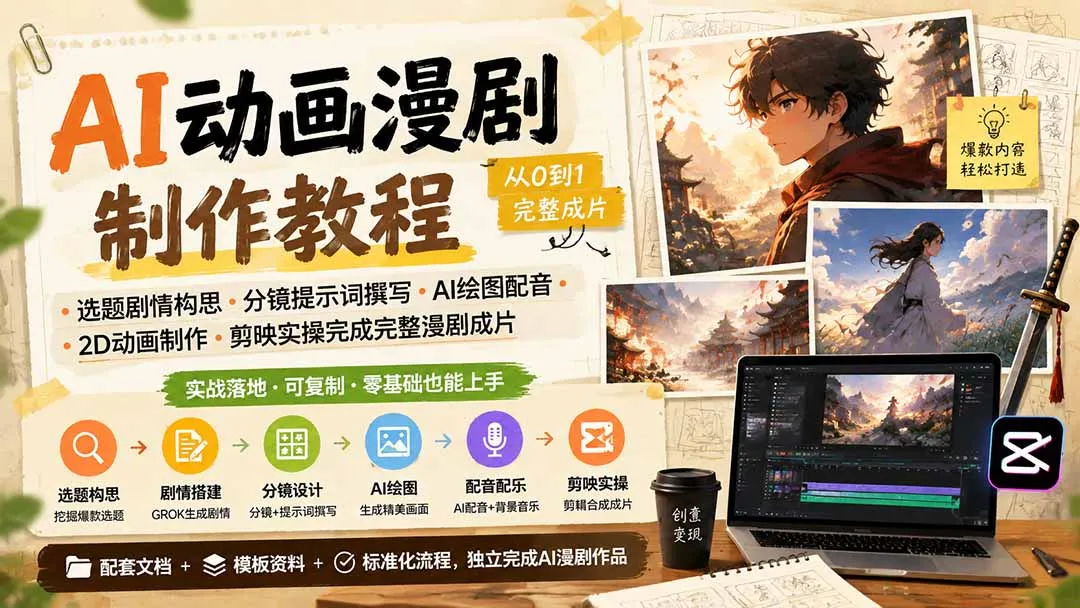 AI动画漫剧制作教程｜选题剧情构思·分镜提示词撰写·AI绘图配音·2D动画制作·剪映实操完成完整漫剧成片-续财库