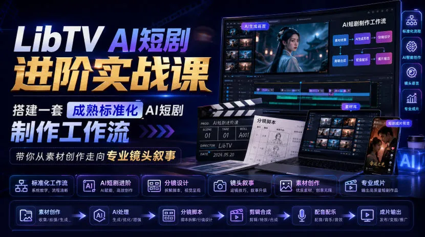 LibTV AI短剧进阶实战课，搭建一套成熟标准化AI短剧制作工作流，带你从素材创作走向专业镜头叙事-续财库