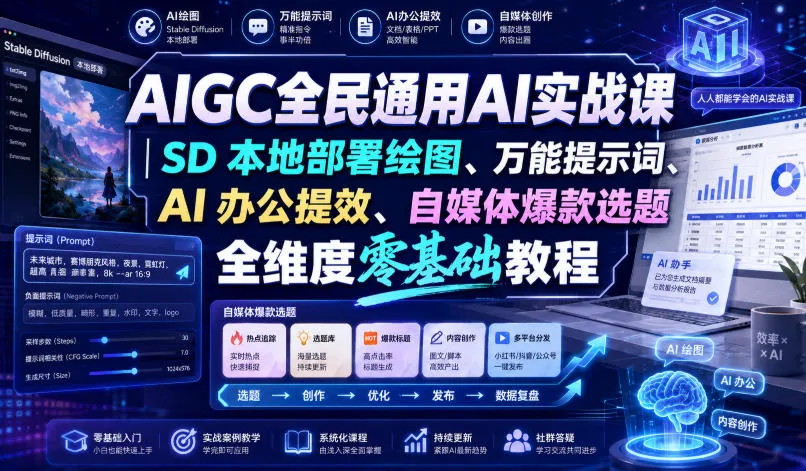 AIGC全民通用AI实战课｜SD本地部署绘图、万能提示词、AI办公提效、自媒体爆款选题全维度零基础教程-续财库