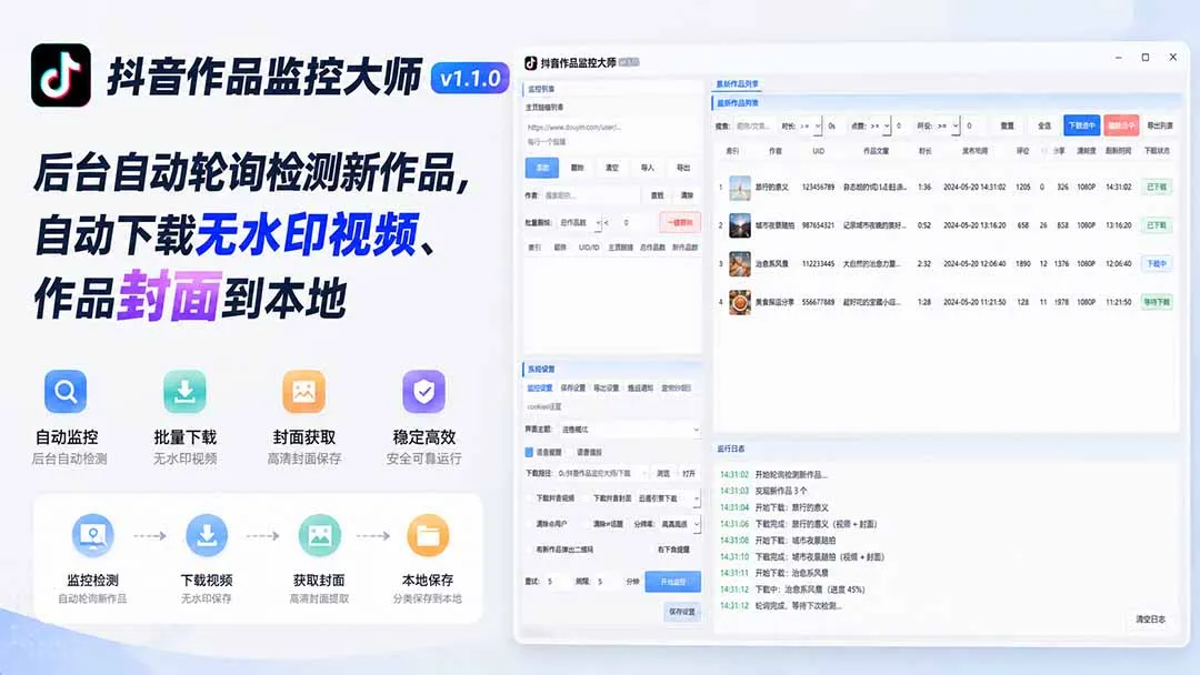 抖音作品监控大师v1.1.0:后台自动轮询检测新作品,自动下载无水印视频、作品封面到本地-续财库