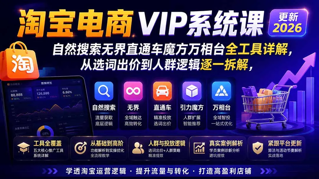 淘宝电商VIP系统课-更新8月；自然搜索无界直通车魔方万相台全工具详解，从选词出价到人群逻辑逐一拆解-续财库