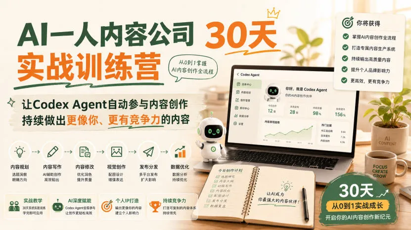 AI一人内容公司30天实战训练营,让Codex Agent自动参与内容创作持续做出更像你、更有竞争力的内容-续财库