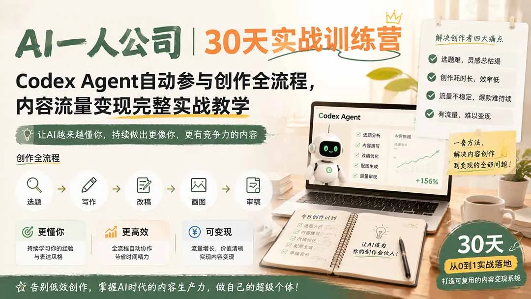 AI一人公司｜30天实战训练营；Codex Agent自动参与创作全流程，内容流量变现完整实战教学-续财库