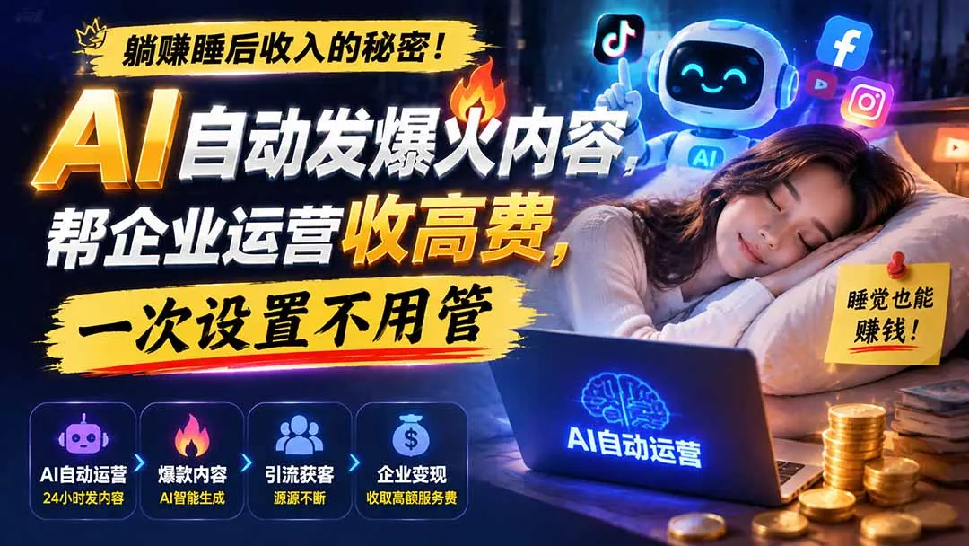 躺赚睡后收入的秘密！AI 自动发爆火内容，帮企业运营收高费，一次设置不用管【原创双语字幕】-续财库