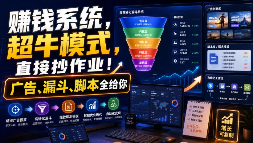 賺钱系统，超牛模式，直接抄作业！广告、漏斗、脚本全给你【原创双语字幕】-续财库