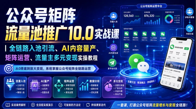 公众号矩阵流量池推广10.0实战课｜全链路入池引流、AI内容量产、矩阵运营、流量主多元变现实操教程-续财库
