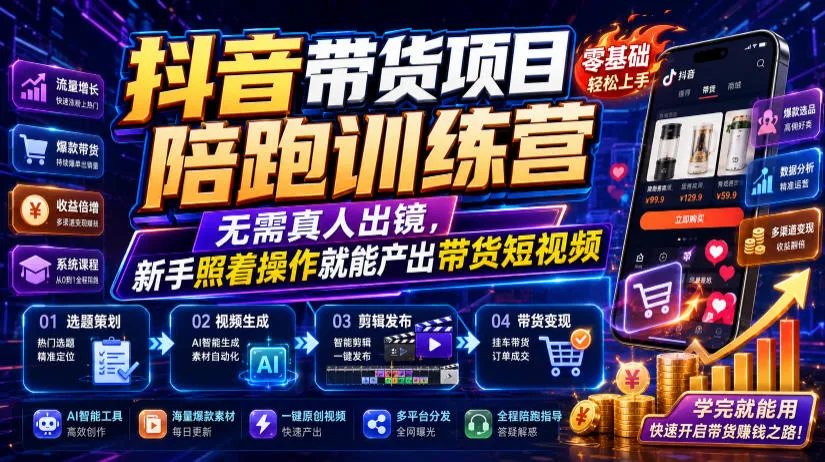 抖音带货项目陪跑训练营,无需真人出镜,新手照着操作就能产出带货短视频(更新0811)-续财库