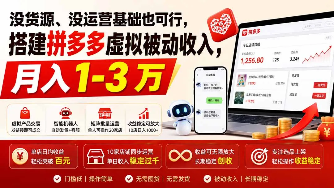 没货源、没运营基础也可行,搭建多多虚拟被动收入,月入 1-3 万-续财库