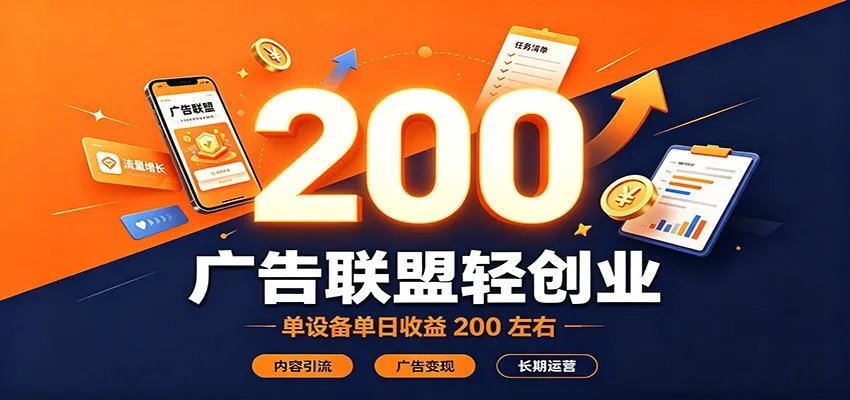 广告联盟轻创业,单设备单日收益200左右,内容引流广告变现长期运营-续财库