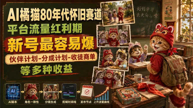 AI橘猫80年代怀旧赛道，平台流量红利期，新号最容易爆，伙伴计划-分成计划-收徒商单等多种收益-续财库