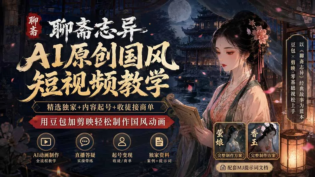聊斋志异AI原创国风短视频教学；精选独家+内容起号+收徒接商单，用豆包加剪映轻松制作国风动画-续财库