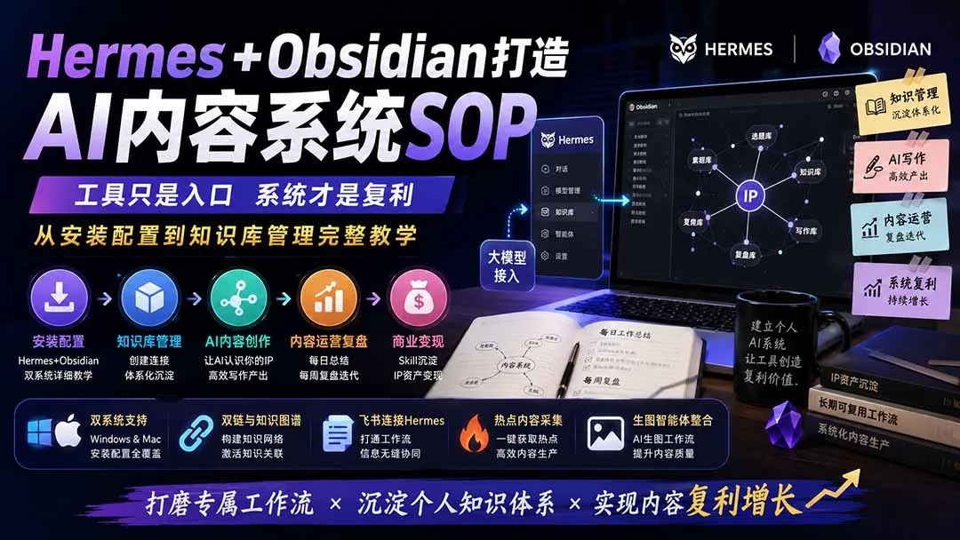 Hermes+Obsidian打造AI内容系统SOP;工具只是入口系统才是复利,从安装配置到知识库管理完整教学-续财库