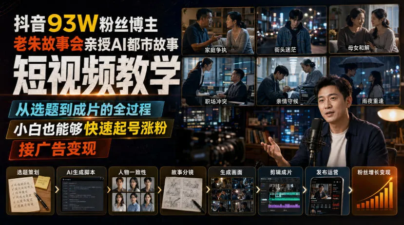抖音93W粉丝博主老朱故事会亲授AI都市故事短视频教学，从选题到成片的全过程，小白也能够快速起号涨粉接广告变现-续财库