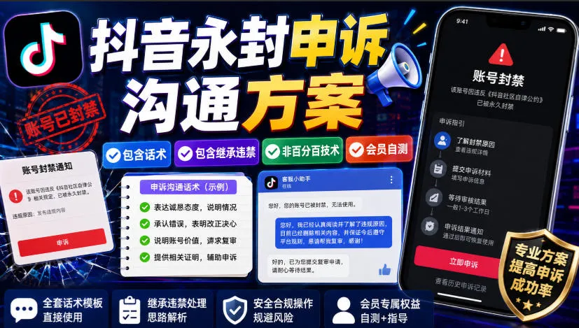 抖音永封申诉沟通方案,包含话术,包含继承违禁,非百分百技术,会员自测-续财库