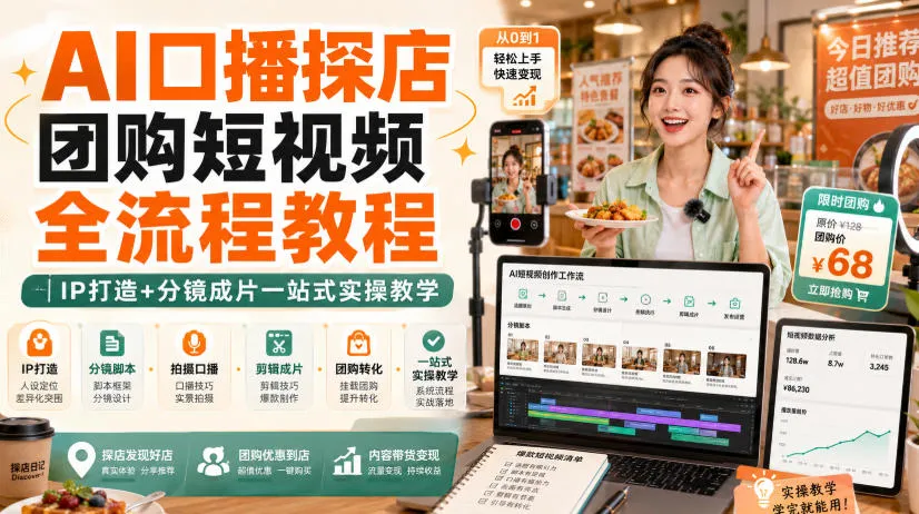 AI口播探店团购短视频全流程教程｜IP打造+分镜成片一站式实操教学-续财库