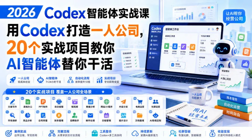 2026 Codex智能体实战课，用Codex打造一人公司，20个实战项目教你AI智能体替你干活-续财库
