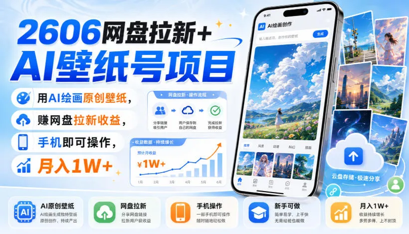 2606网盘拉新+AI壁纸号项目，用AI绘画原创壁纸，賺网盘拉新收益，手机即可操作，月入1W+-续财库