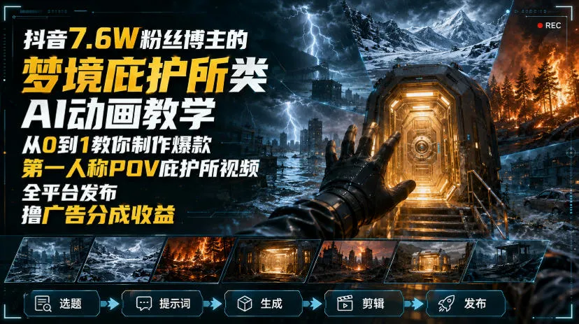 抖音7.6W粉丝博主的梦境庇护所类AI动画教学，从0到1教你制作爆款第一人称POV庇护所视频，全平台发布撸广告分成收益-续财库