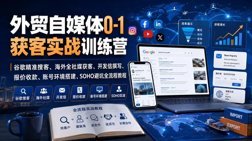 外贸自媒体0-1获客实战训练营｜谷歌精准搜客、海外全社媒获客、开发信撰写、报价收款、账号环境搭建、SOHO避坑全流程教程(更新)-续财库