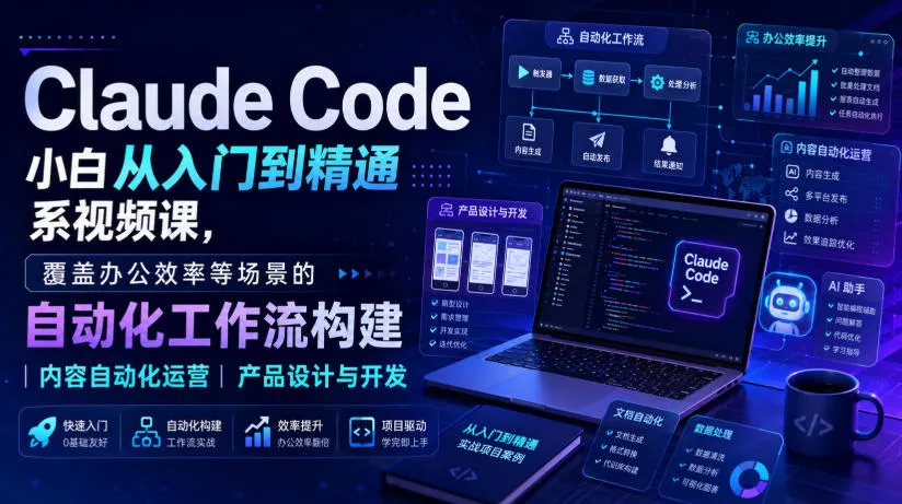 Claude Code小白从入门到精通系视频课，覆盖办公效率等场景的自动化工作流构建|内容自动化运营|产品设计与开发-续财库