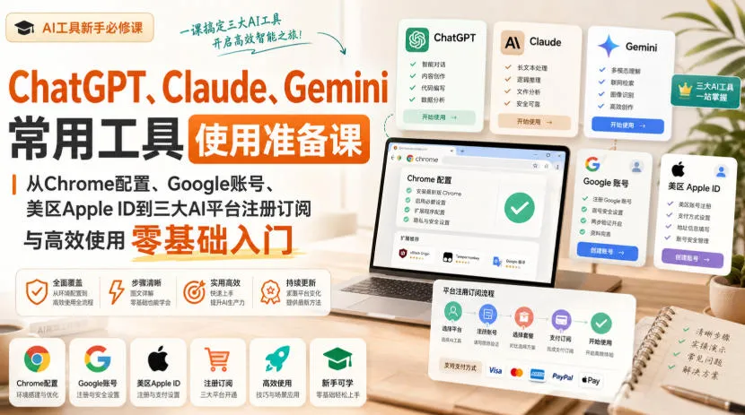 ChatGPT、Claude、Gemini常用工具使用准备课｜从Chrome配置、Google账号、美区Apple ID到三大AI平台注册订阅与高效使用零基础入门-续财库
