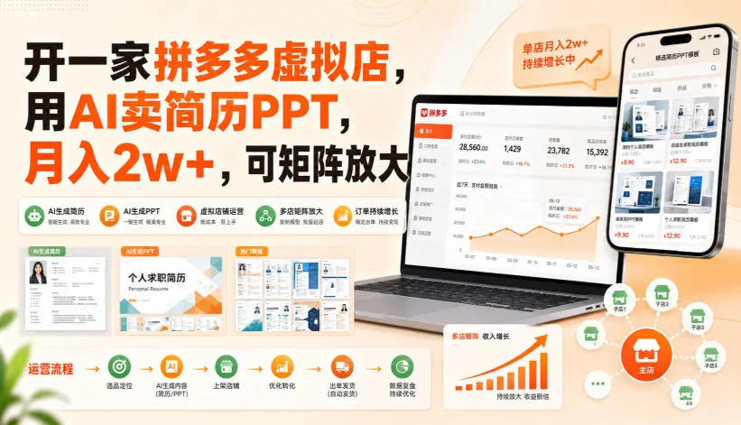 开一家拼多多虚拟店，用AI卖简历PPT，月入2w+，可矩阵放大【揭秘】-续财库