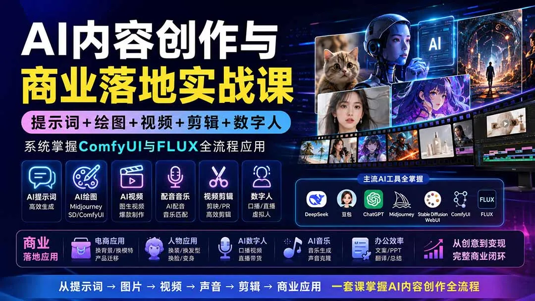 AI内容创作与商业落地实战课：提示词+绘图+视频+剪辑+数字人，系统掌握ComfyUI与FLUX全流程应用-续财库