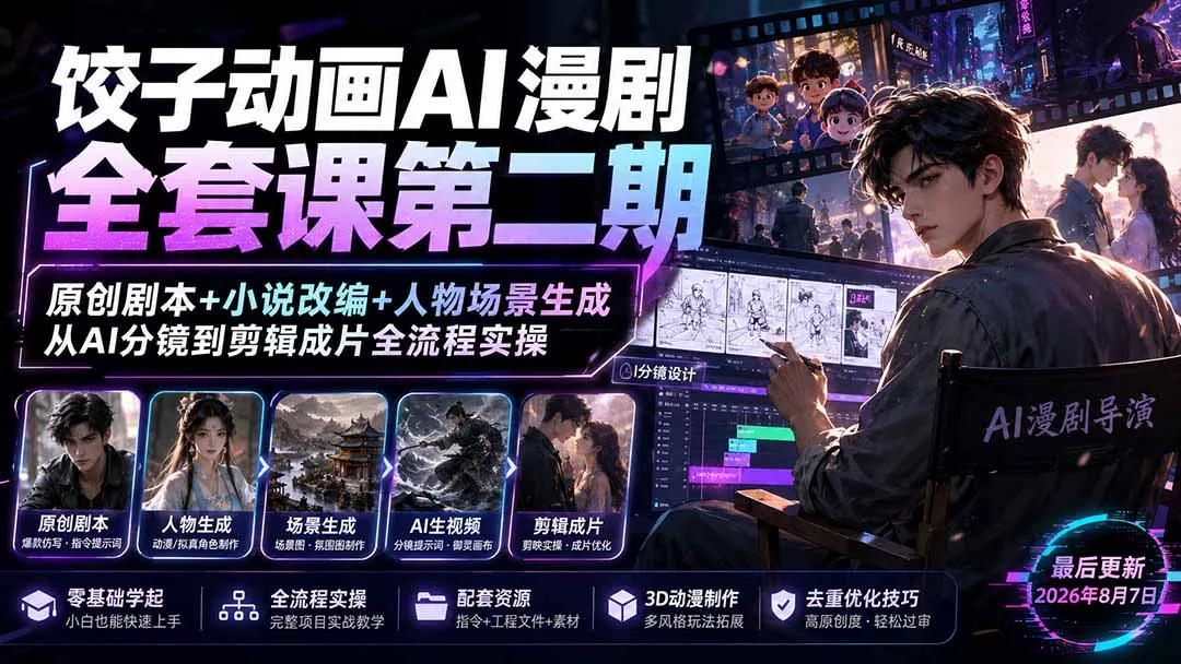 饺子动画AI漫剧全套课第二期：原创剧本+小说改编+人物场景生成，从AI分镜到剪辑成片全流程实操-续财库