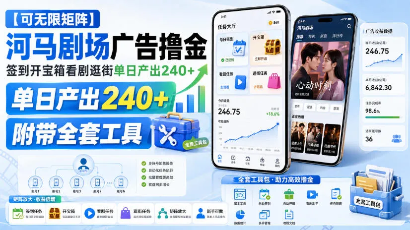 【可无限矩阵】河马剧场广告撸金，签到开宝箱看剧逛街单日产出240+，附带全套工具【揭秘】-续财库
