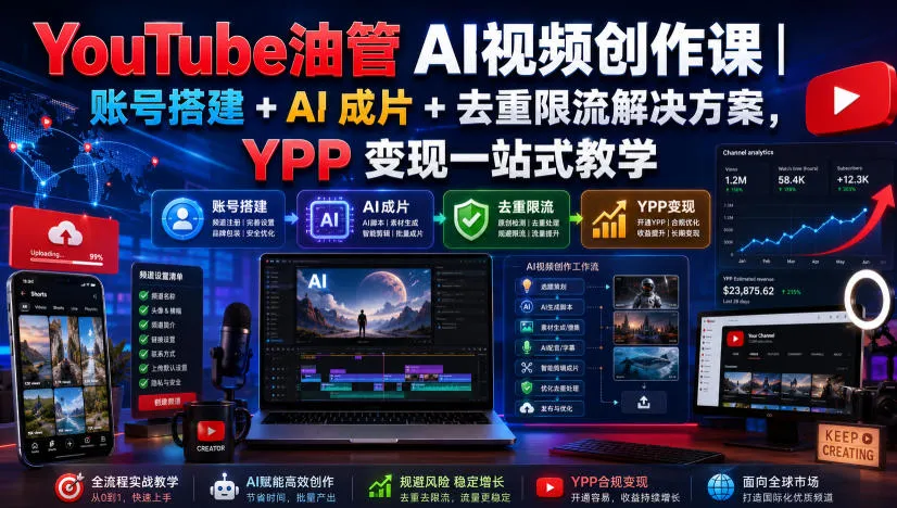 YouTube油管AI视频创作课｜账号搭建+AI成片+去重限流解决方案，YPP变现一站式教学(更新0817)-续财库