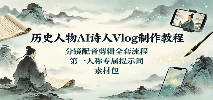 历史人物AI诗人Vlog制作教程：分镜配音剪辑全套流程，第一人称专属提示词素材包-续财库