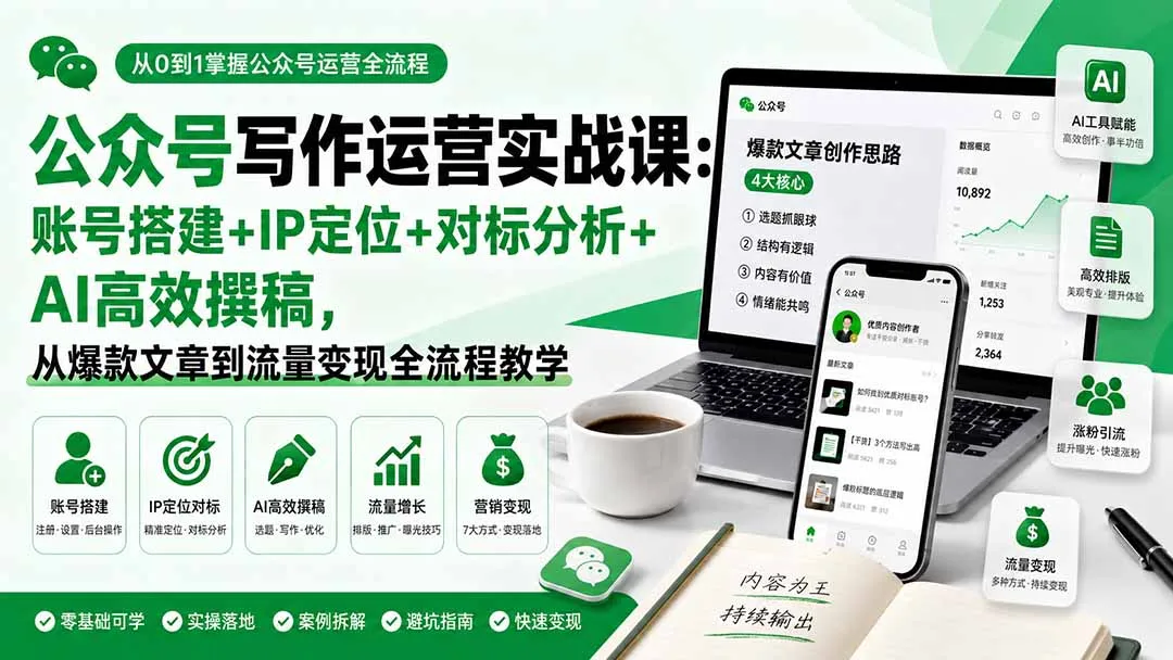公众号写作运营实战课：账号搭建+IP定位+对标分析+AI高效撰稿，从爆款文章到流量变现全流程教学-续财库