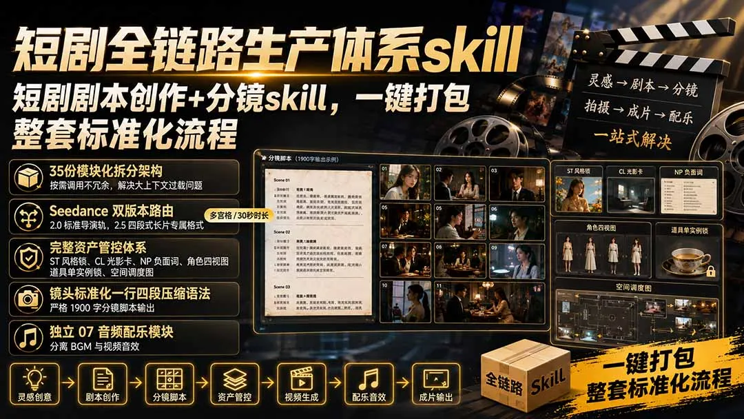 短剧全链路生产体系skill，短剧剧本创作+分镜skill，一键打包，整套标准化流程-续财库