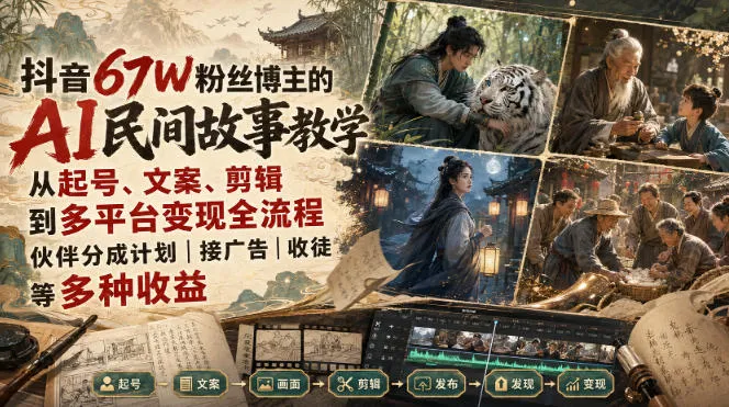 抖音67W粉丝博主的AI民间故事教学,从起号、文案、剪辑到多平台变现全流程,伙伴分成计划接广告等多种收益,月入1W+-续财库