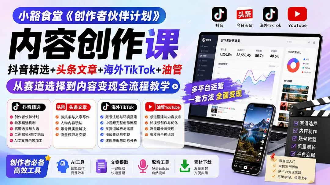 小豁食堂《创作者伙伴计划》内容创作课:抖音精选+头条文章+海外TikTok+油管,从赛道选择到内容变现全流程教学-续财库
