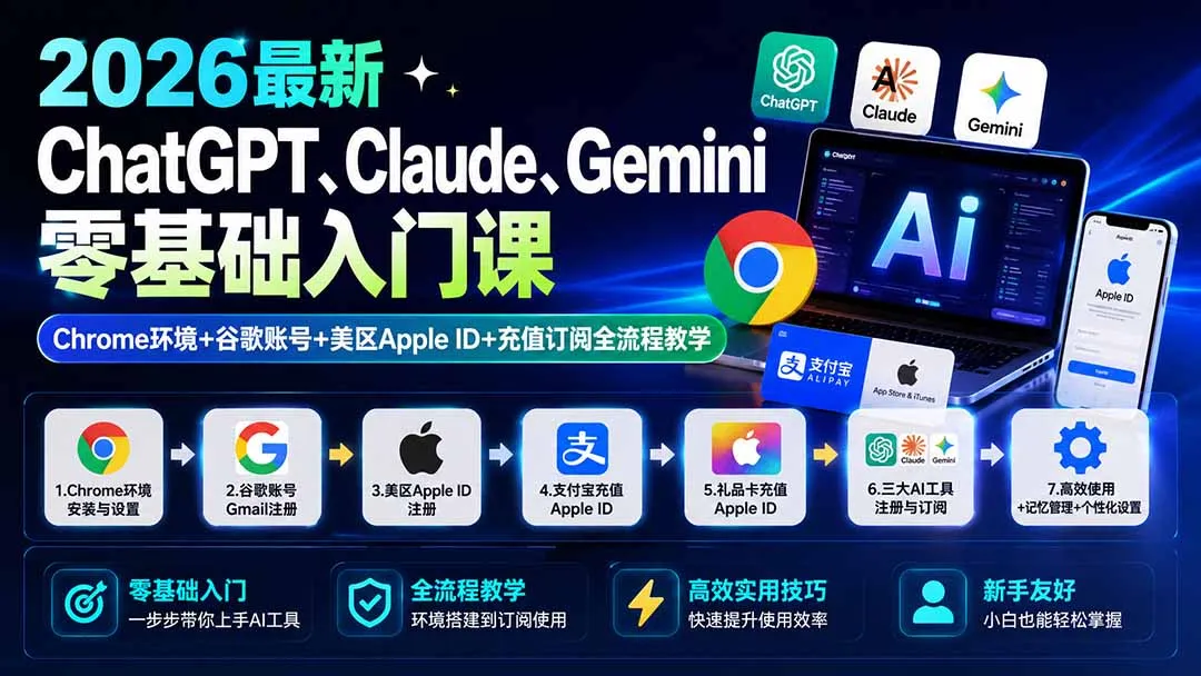 2026最新ChatGPT、Claude、Gemini零基础入门课:Chrome环境+谷歌账号+美区Apple ID+充值订阅全流程教学-续财库