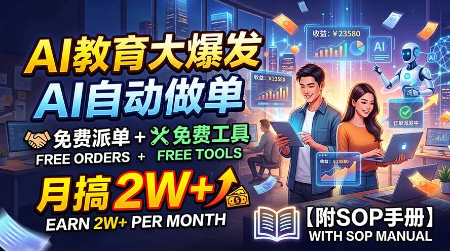 AI教育大爆发，AI自动做单，免费派单+免费工具，月搞2W+【附SOP手册】-续财库