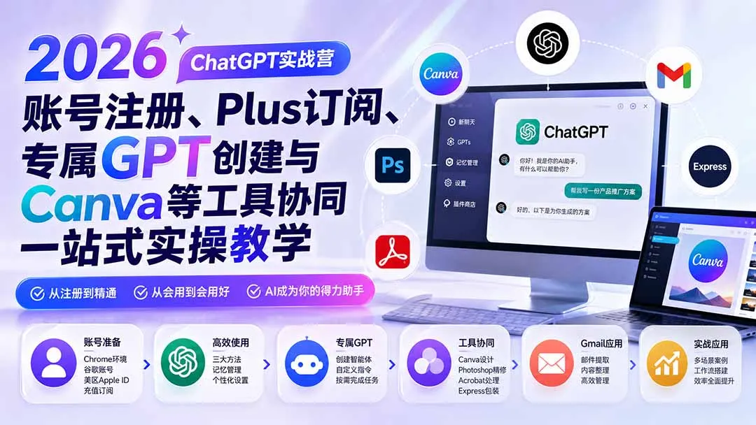 2026 ChatGPT实战营；账号注册、Plus订阅、专属GPT创建与Canva等工具协同一站式实操教学-续财库