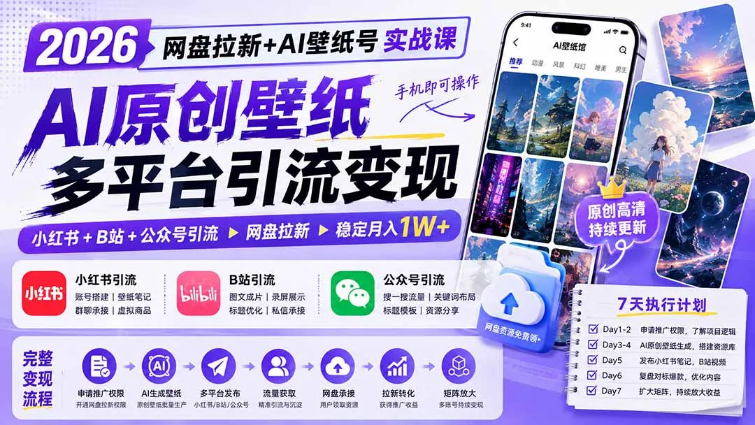 2026网盘拉新+AI壁纸号实战课：AI原创壁纸+小红书+B站+公众号引流，手机即可操作，月入1W+-续财库